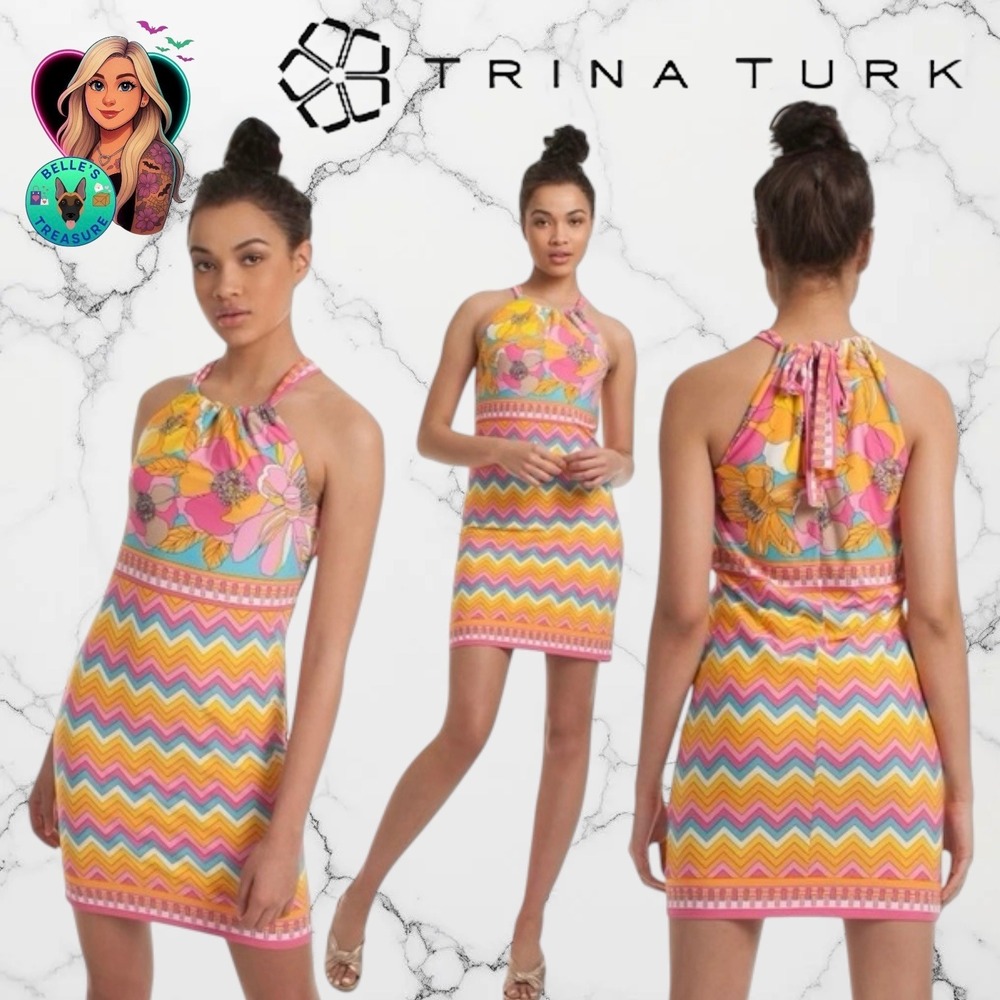 Trina Turk Women's Small Vacaciones Summertime Bloom Matte Jersey Halter Dress